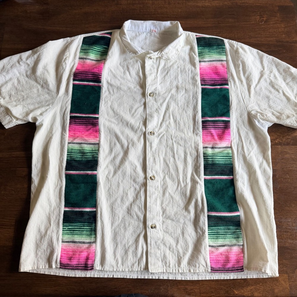 Vintage Mexican Serape Stripe Shirt Mens XL White Pink Green Boho Baja Button Up